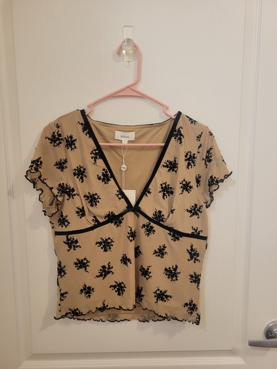 bohme Tops - bohme Beige Short-Sleeve V-Neck Top with Black Floral Print